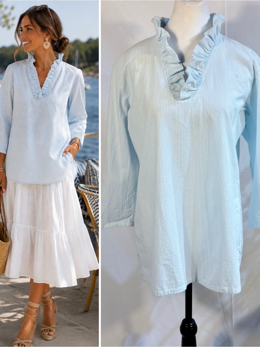 Haley & The Hound Blue & White Seersucker Ruffle Neck Tunic Top Size L💚